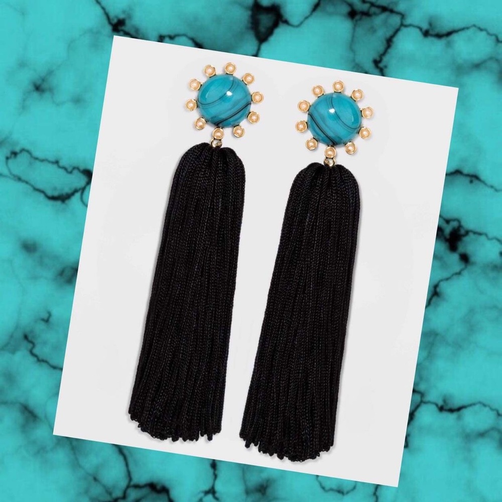 Turquoise & Pearl Black Tassel Gold Post Earrings